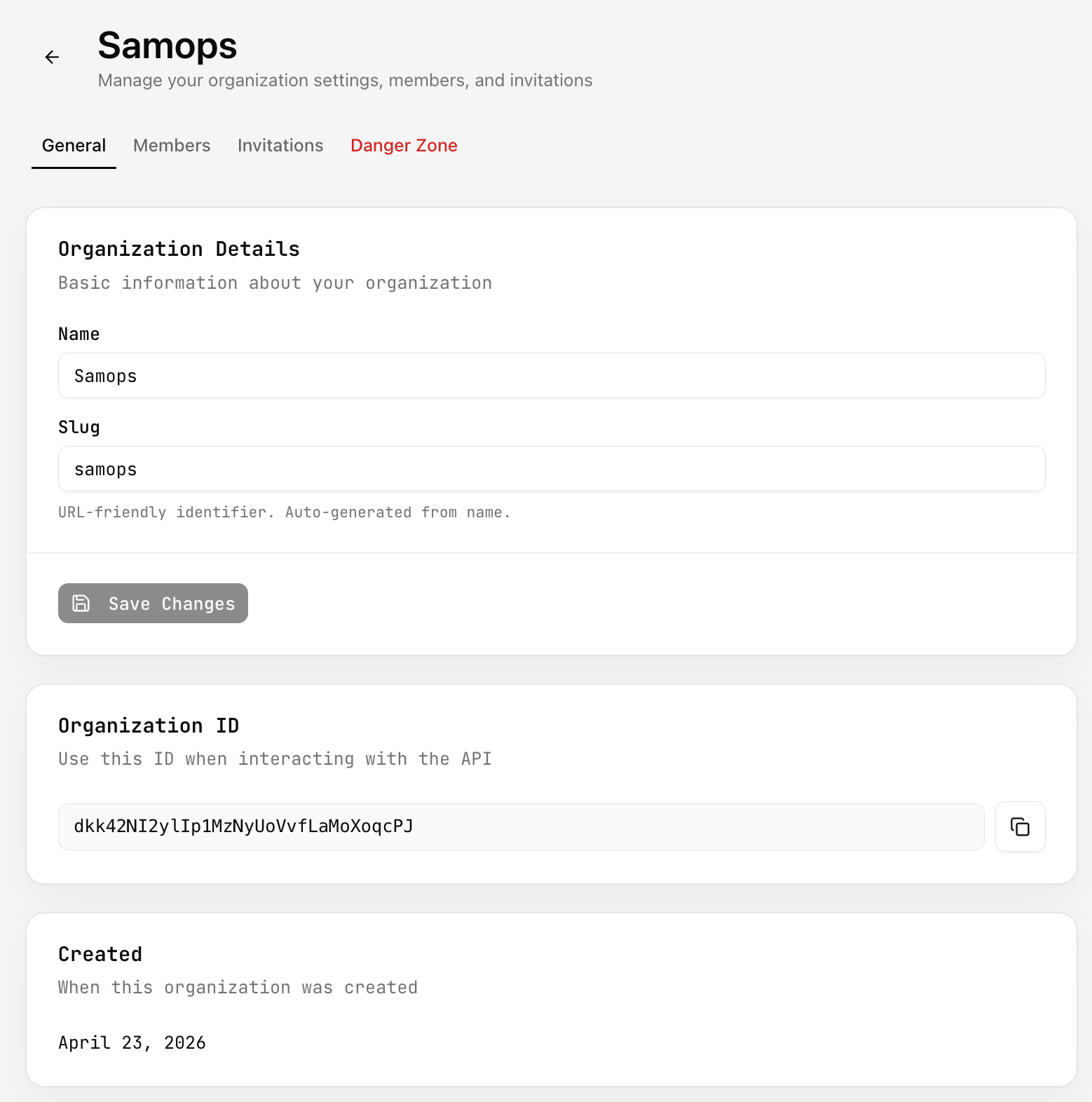 Organization settings tabs